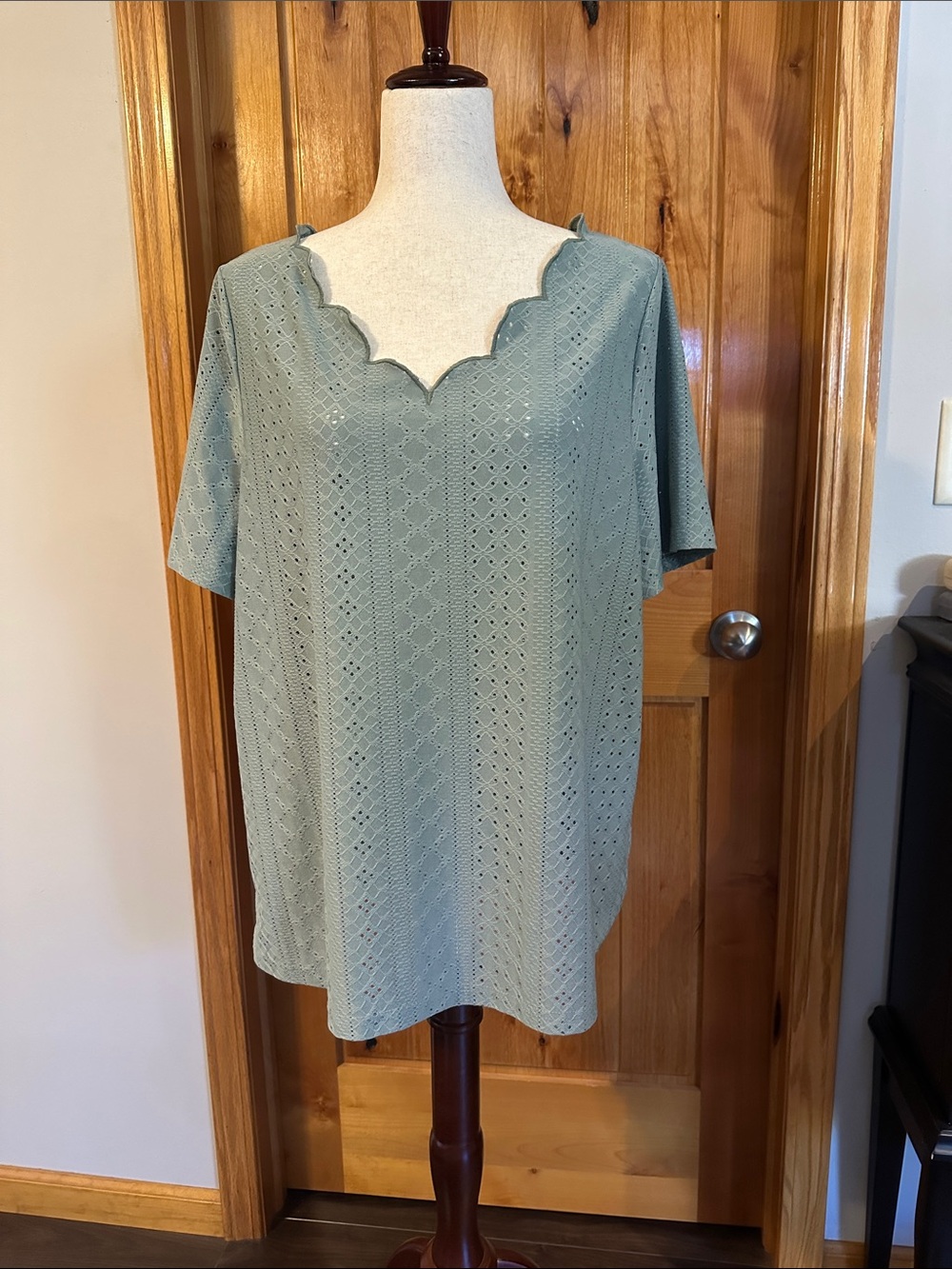 BloomChic Sage Green Scallop Neck Eyelet Tunic